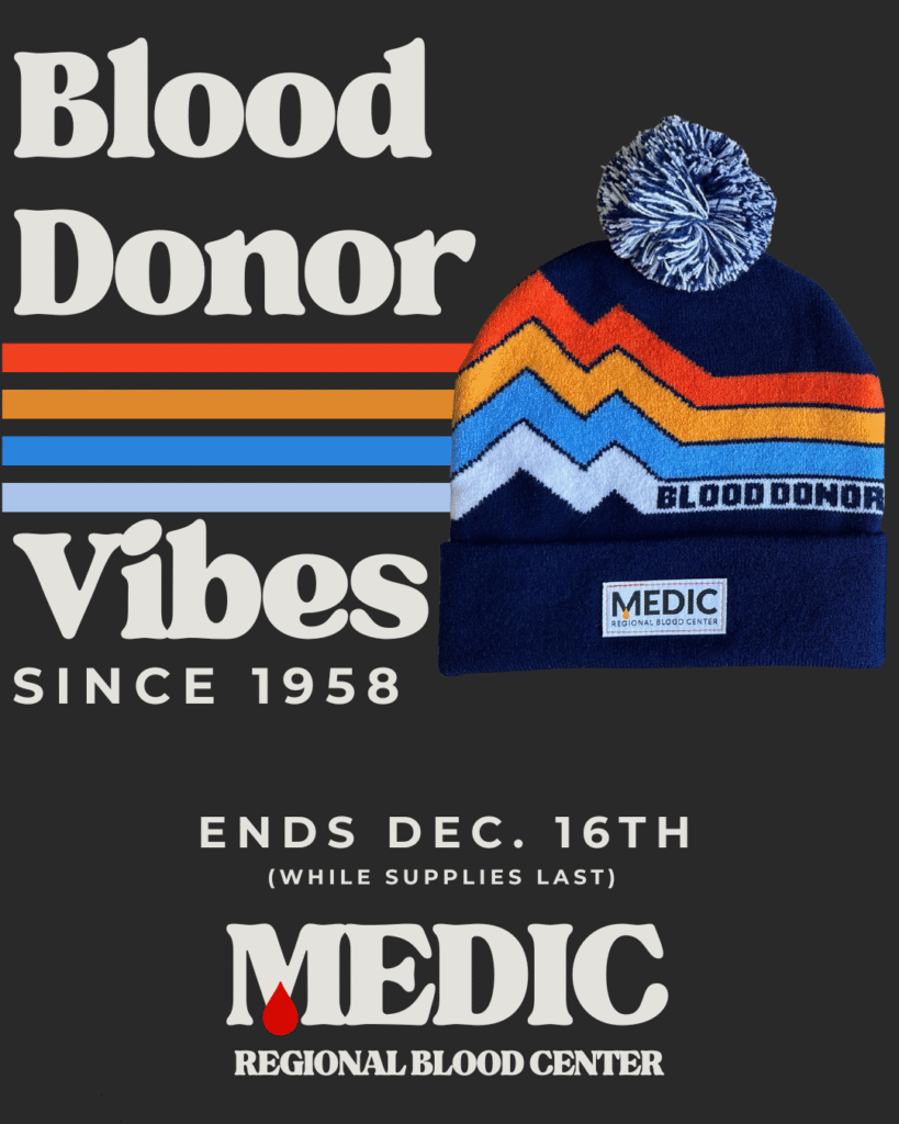 Donors receive a retro beanie until Dec. 16th. While supplies last.